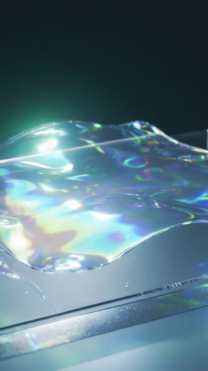 Vertical video: Panning camera showing rainbow sheet rippling on base to reveal shifting highlights