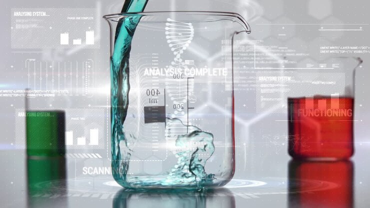 Animation of dna strand and data processing over beakers with liquid