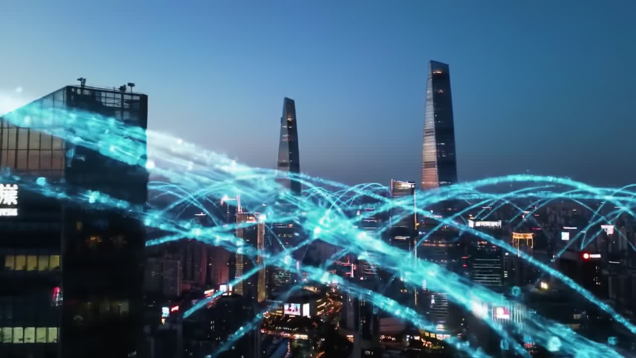 Dynamic Urban Skyline Transition Capturing Technological Connectivity with a Stunning View of Modern Architecture Against the Evening Sky