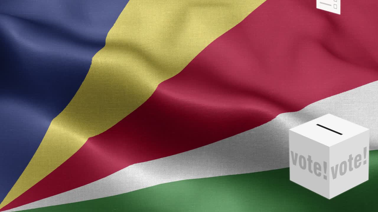 las papeletas de votación vuelan a la caja para la selección de las seychelles - la caja de votación delante de la bandera - la elección - el voto - la bandera de las seychelles - la bandera de las seychilles de alto detalle - la bandera nacional de las seycheles patrón de ondas elementos loopable