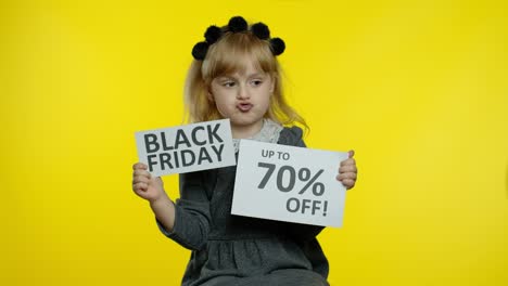 child kid girl showing black fridayand up to 70 percent off discount advertisement inscriptions text