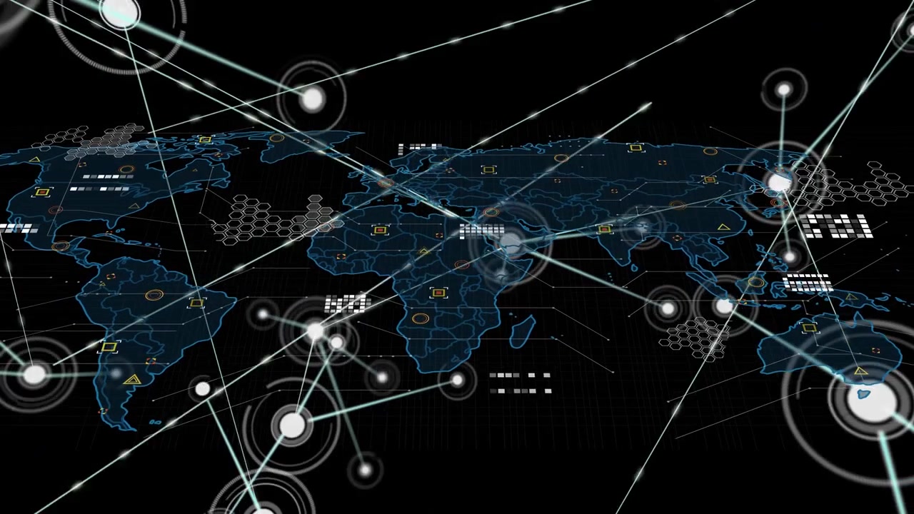 Animation of network of connections, data processing and markers over world map
