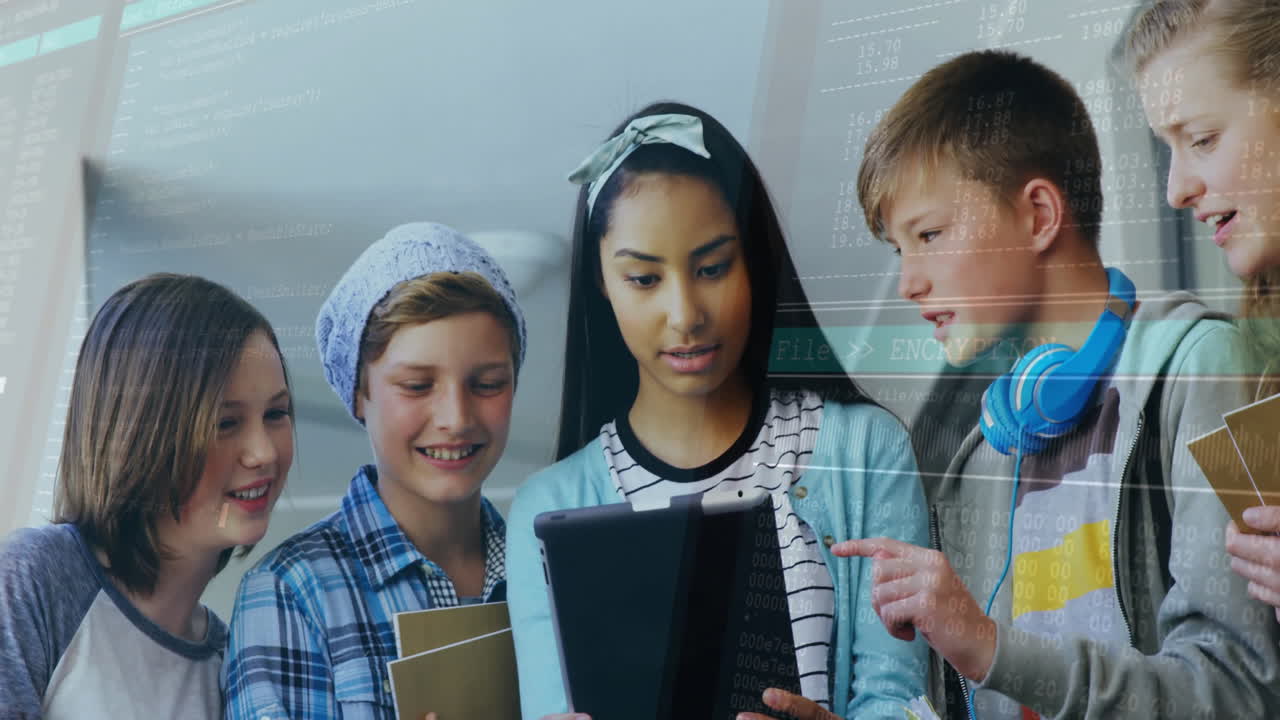 Group of students collaborating in tech classroom, with floating code overlays around tablet screen