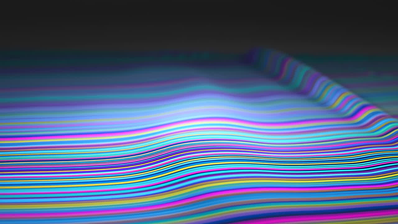 Multicolor Striped Wave Field Undulating Gently, Fluorescent Bands Ripple Across Dark Stage, Soft Glow