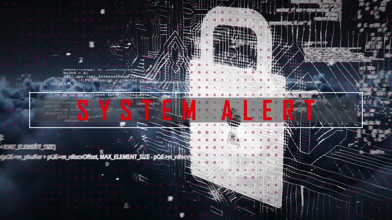 Security padlock and system alert text against dark clouds