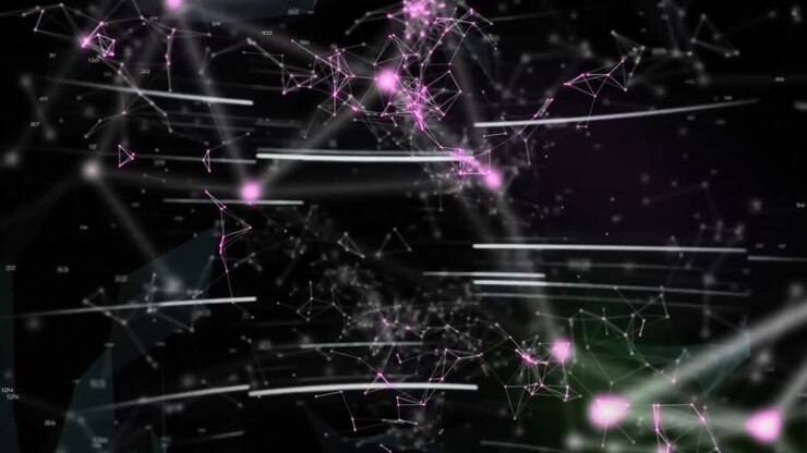 Animation of qr code over network of connections and light trails on black background