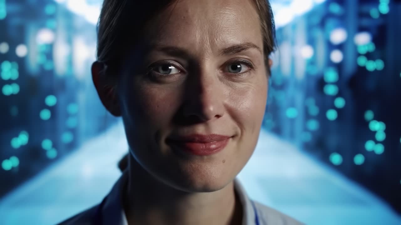 A technician smiles confidently in a modern data center filled with high-tech equipment. Her positive demeanor reflects a commitment to advancing technology and innovation in the digital age.