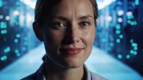 a technician smiles confidently in a modern data center filled with high-tech equipment. her positive demeanor reflects a commitment to advancing technology and innovation in the digital age.