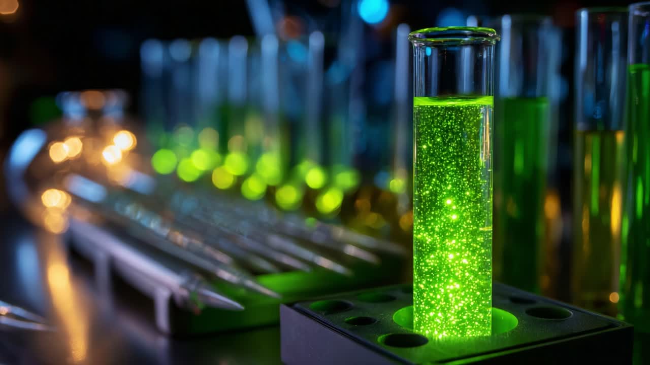 Spectacular Vials of Luminous Green Fluids in Laboratory Setting: A Captivating Display of Chemistry with Beakers and Test Tubes Illuminated by Colorful Lighting Effects and Enigmatic Bubbles