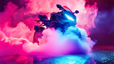 una motocicleta está estacionada en una habitación oscura con humo saliendo de ella