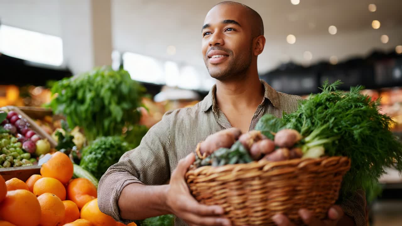 A joyful man stands proudly amidst a colorful display of fresh produce, showcasing a basket filled with a variety of vegetables, emphasizing the joy of healthy living and the abundance of nature's offerings
