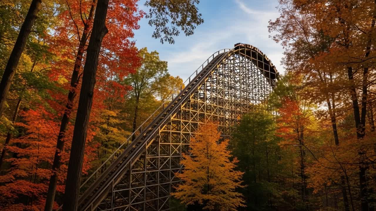 A Stunning View of a Wooden Roller Coaster Towering Above Vibrant Autumn Foliage in a Scenic Outdoor Amusement Park Setting