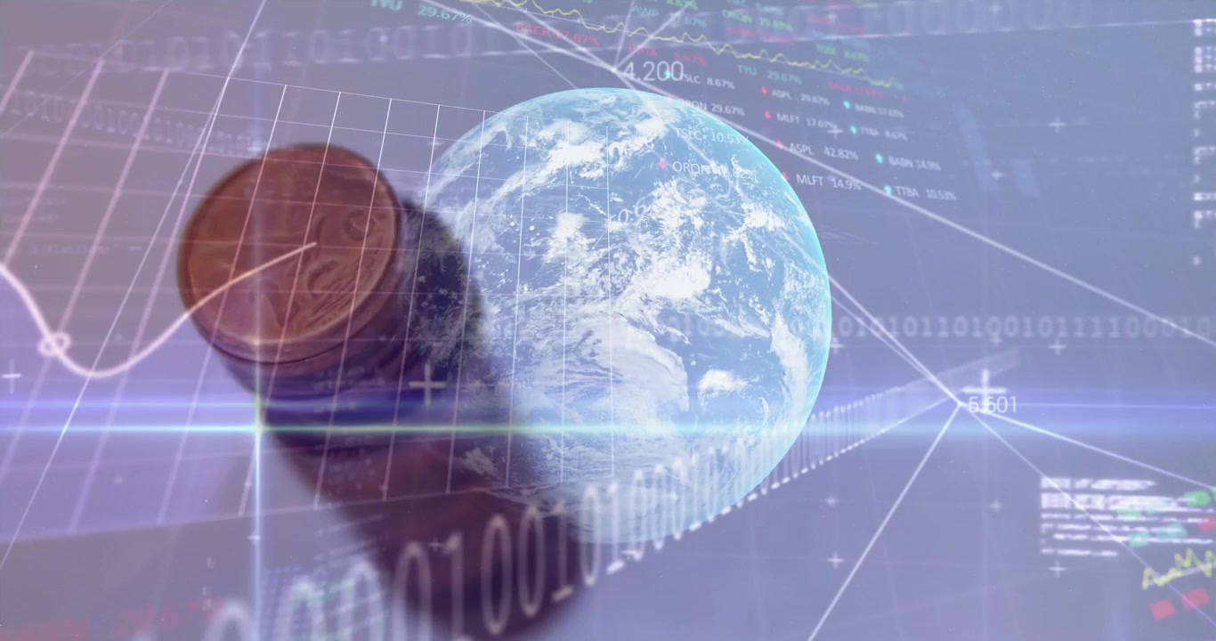 Animação de processamento financeiro sobre um globo e moedas.