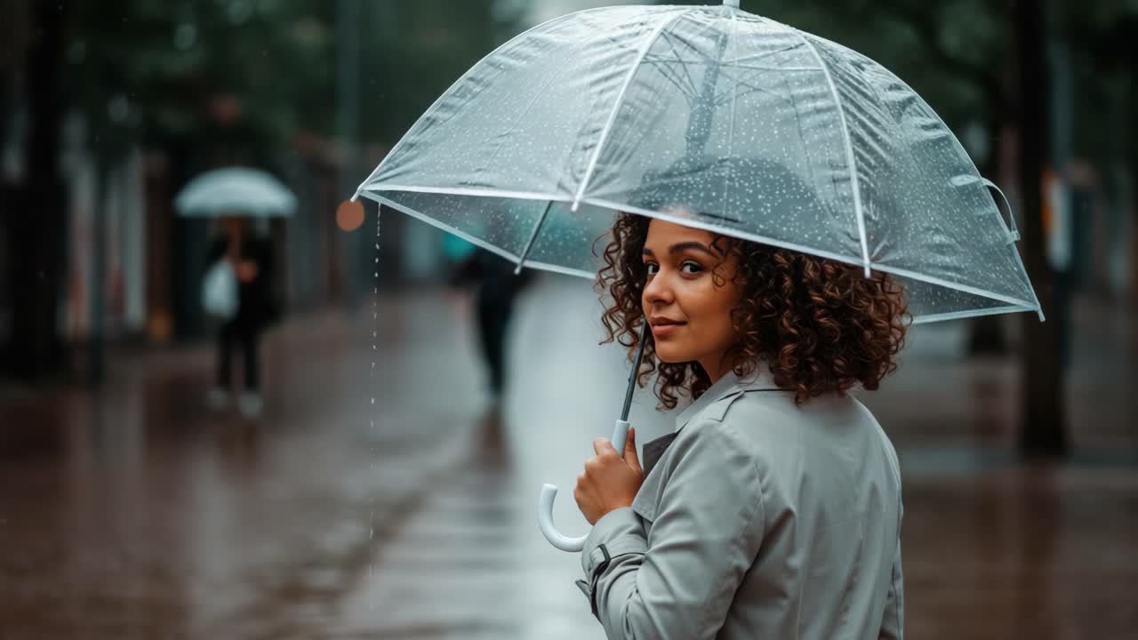 Femme marchant avec un parapluie transparent dans une rue urbaine sous la pluie