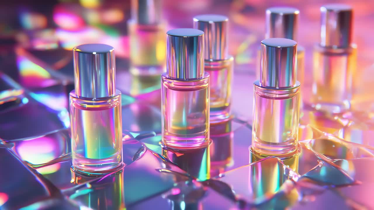 Colorful Perfume Bottles on a Reflective Surface