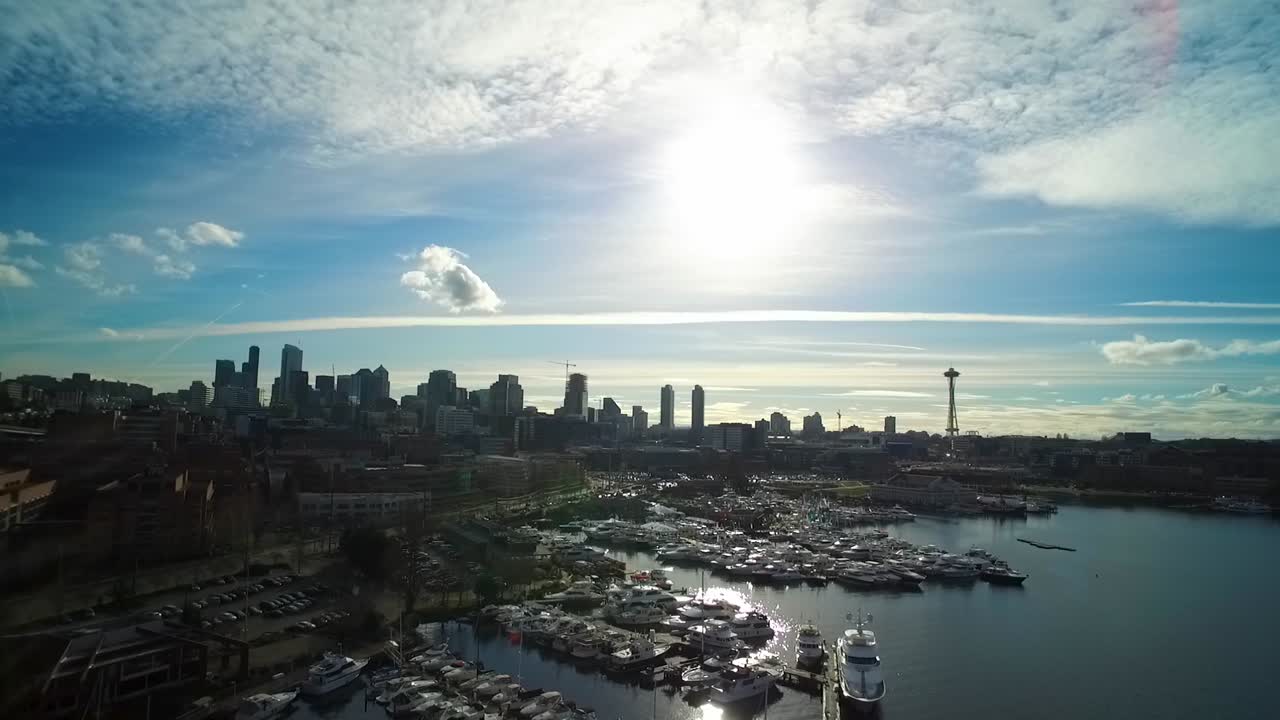 Wide aerial of boats docked in Seattle's Lake Union, circa 2016.
