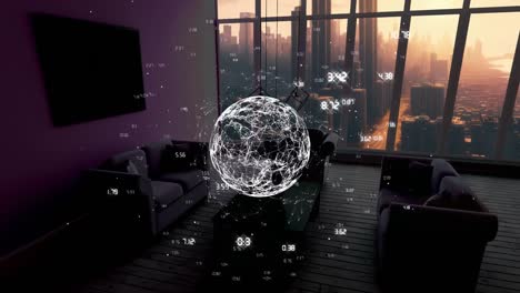 Animation-of-globe-with-connections-data-processing-over-office-and-cityscape