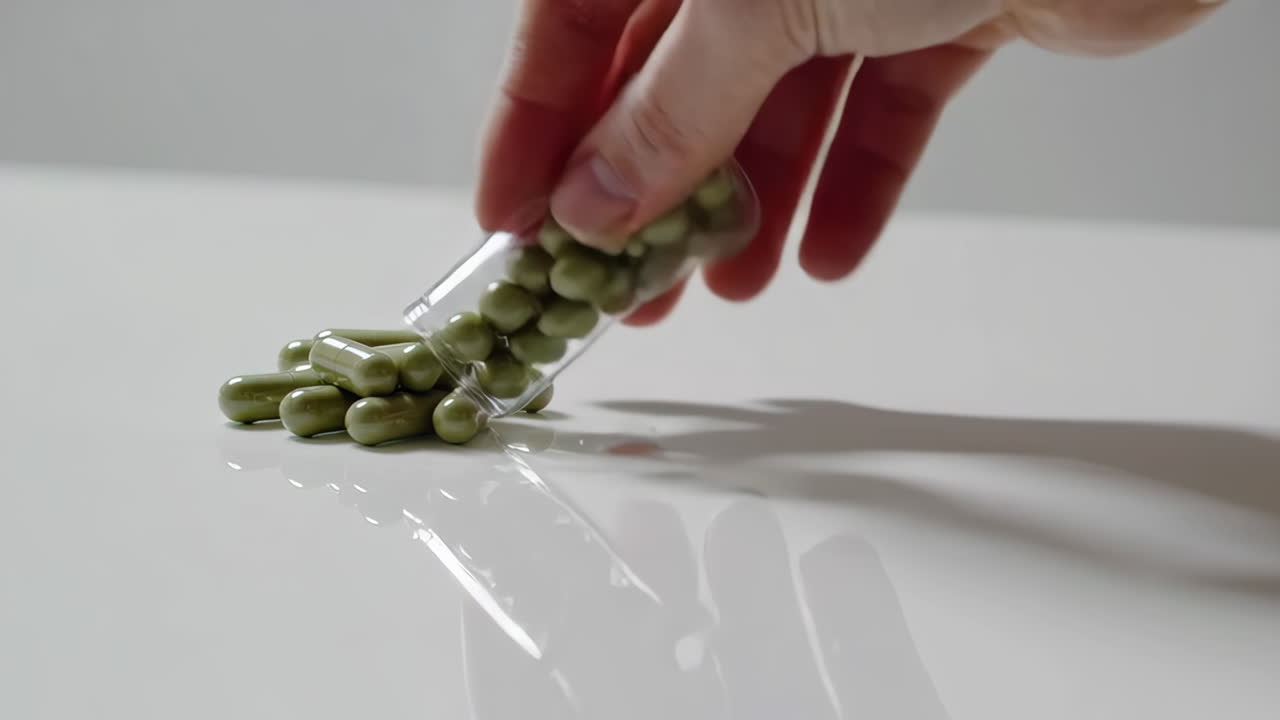 Hand pouring green capsules