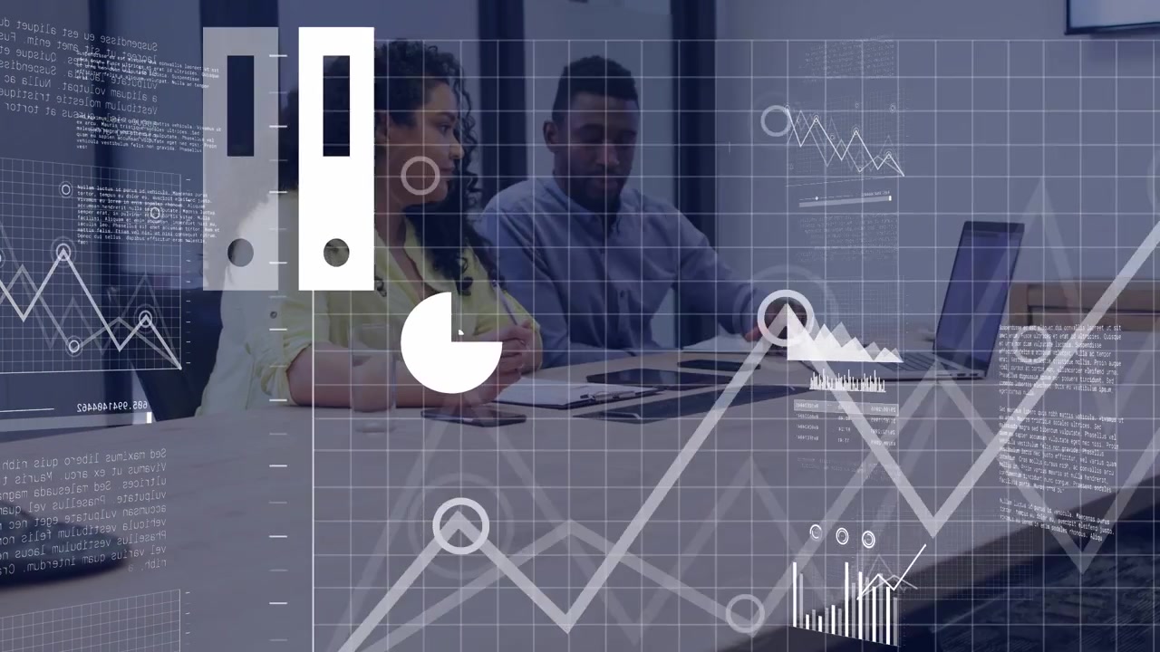 Man pointing laptop, causing cloud and charts expanding, overlaying scene while team reviewing data