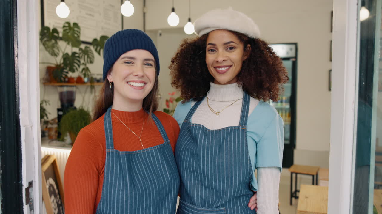 Two smiling cafe workers stand in the doorway of their cafe