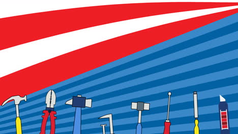 animation of labour day tools with copy space and american flag