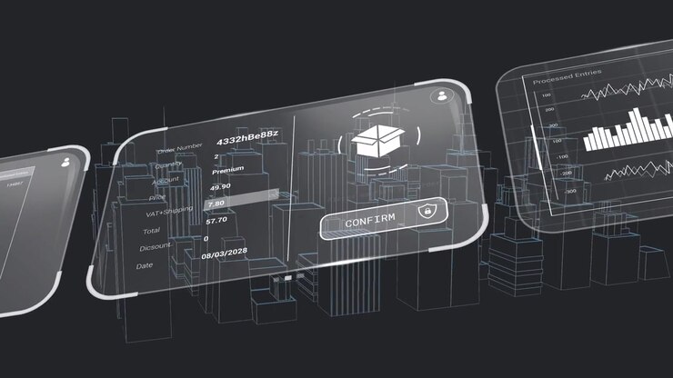 Et panel dukker frem over en wireframe-by, paneler glider og viser kalender, ordrediagrammer og kort til sporing.
