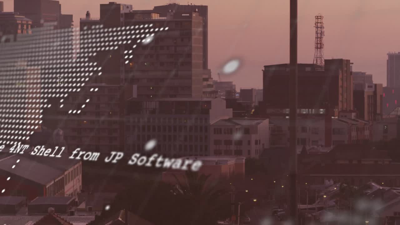 도시 풍경 위의 세계 지도 및 금융 데이터 처리의 애니메이션