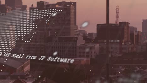 animation of world map and financial data processing over cityscape