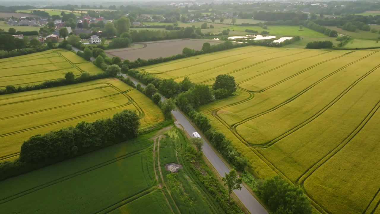 Drone tracking a camper van driving in middle of blossoming canola fields, sunset