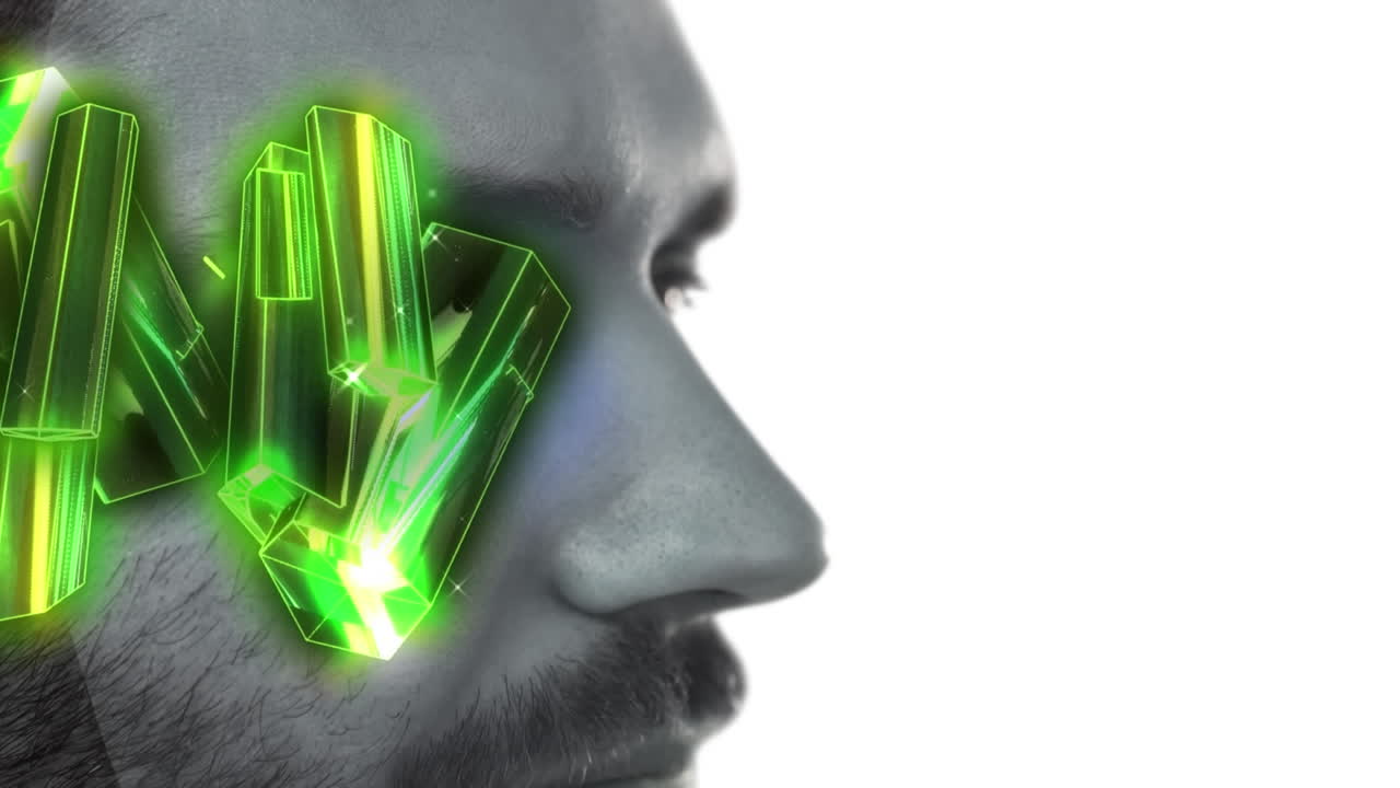 animación de bloques verdes brillantes sobre el rostro de la mujer aislado en blanco