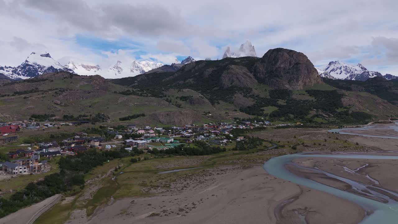 An aerial view of both Mount Fitz Roy and the town of El Chaltén in Argentinian Patagonia.