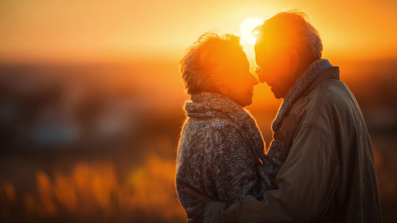 Um Abraço Atemporal: Dois Idosos Partilhando um Momento Íntimo ao Pôr do Sol, Capturando a Essência do Amor, Conexão e Companheirismo Duradouro Contra um Brilho Deslumbrante