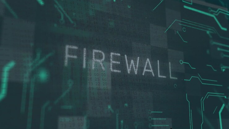 Firewall text animation over digital code and data blocks background