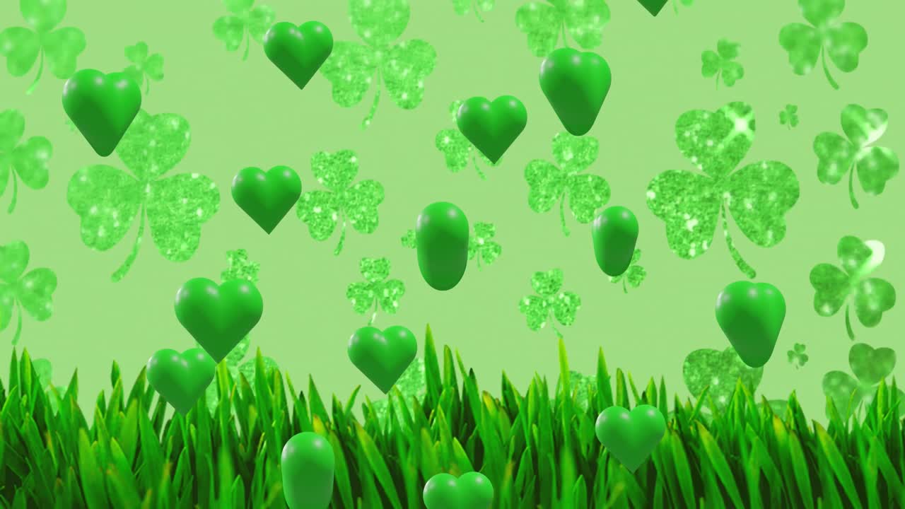 Animation of st patrick's day shamrock and green hearts on green background