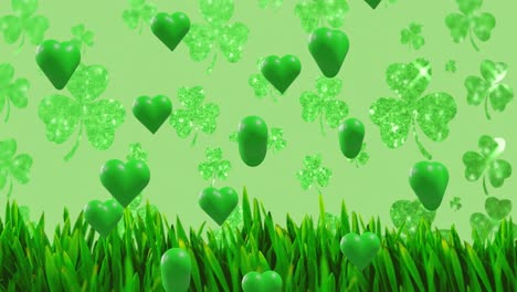 Animación-Del-Trébol-Del-Día-De-San-Patricio-Y-Corazones-Verdes-Sobre-Fondo-Verde