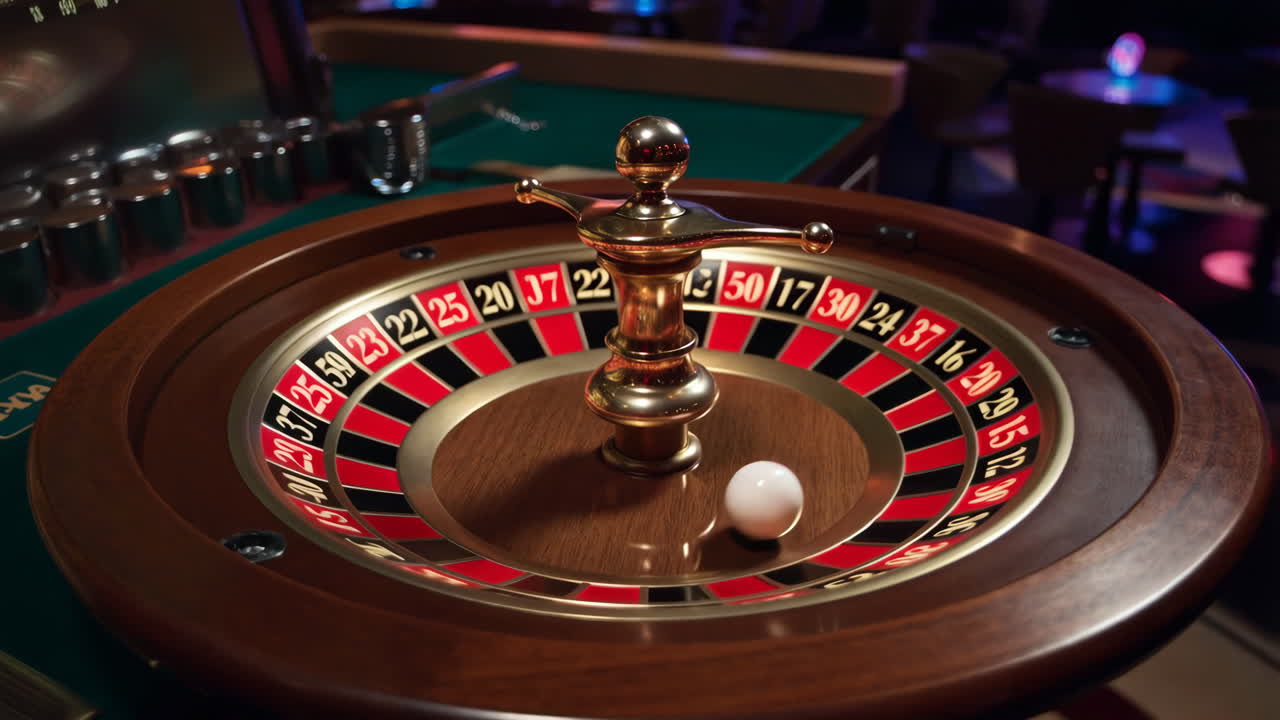 A close-up view of a roulette wheel in a casino