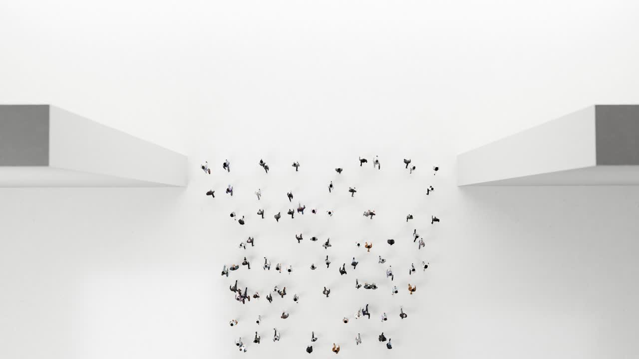 Aerial View of People Navigating a Narrow Architectural Passage