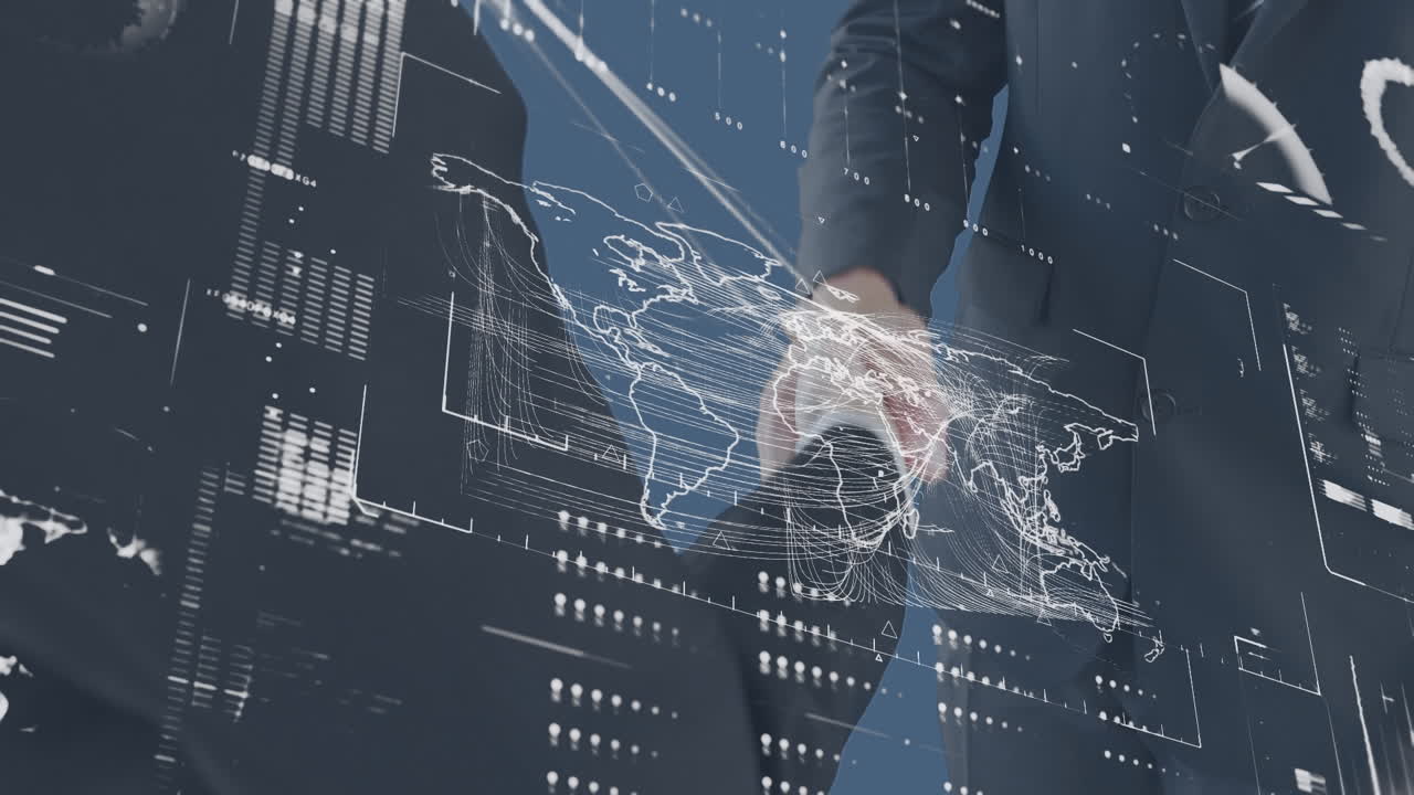 카우카스계 사업가들이 손을 흔들고 있는 금융 데이터 처리 애니메이션