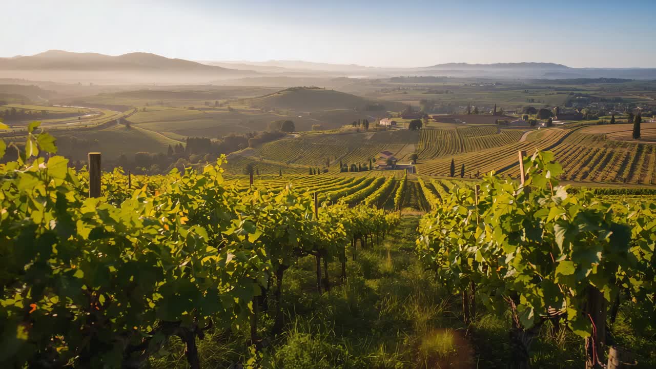 Moving camera drone starting push down sunlit vineyard aisle, revealing grape vines and terraces