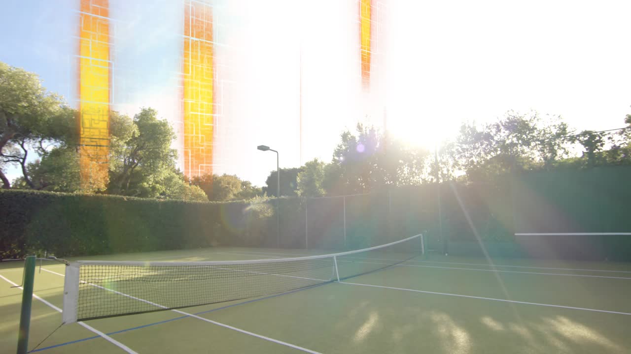 Sun growing and causing vertical orange flare streaks to sweep and overexpose tennis court and net