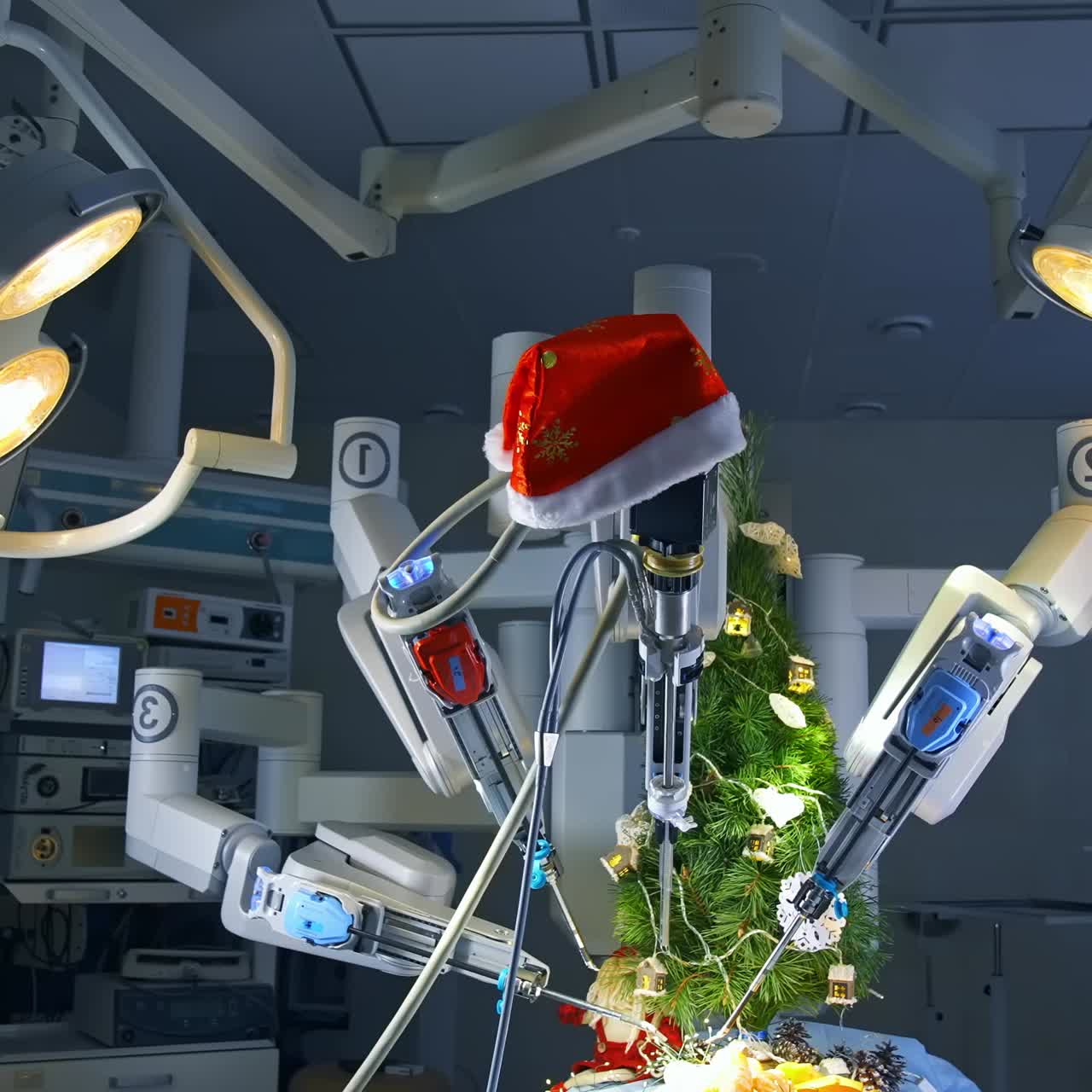 Lighted surgery room containing futuristic innovative surgical equipment. Robotic arms decorated by Santa's cap peel off tangerines. Christmas tree and decorations at the operation table