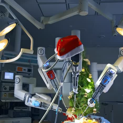 lighted surgery room containing futuristic innovative surgical equipment. robotic arms decorated by santa's cap peel off tangerines. christmas tree and decorations at the operation table