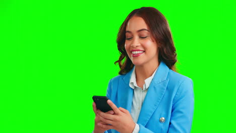 Green-screen,-phone-and-woman-laugh-isolated