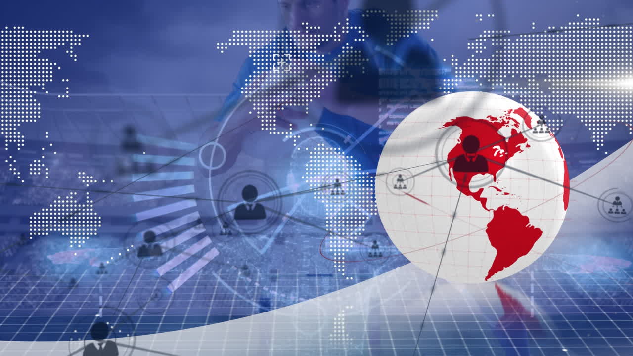 animación de la red de conexiones en todo el mundo, mapa del mundo y jugador de fútbol caucásico