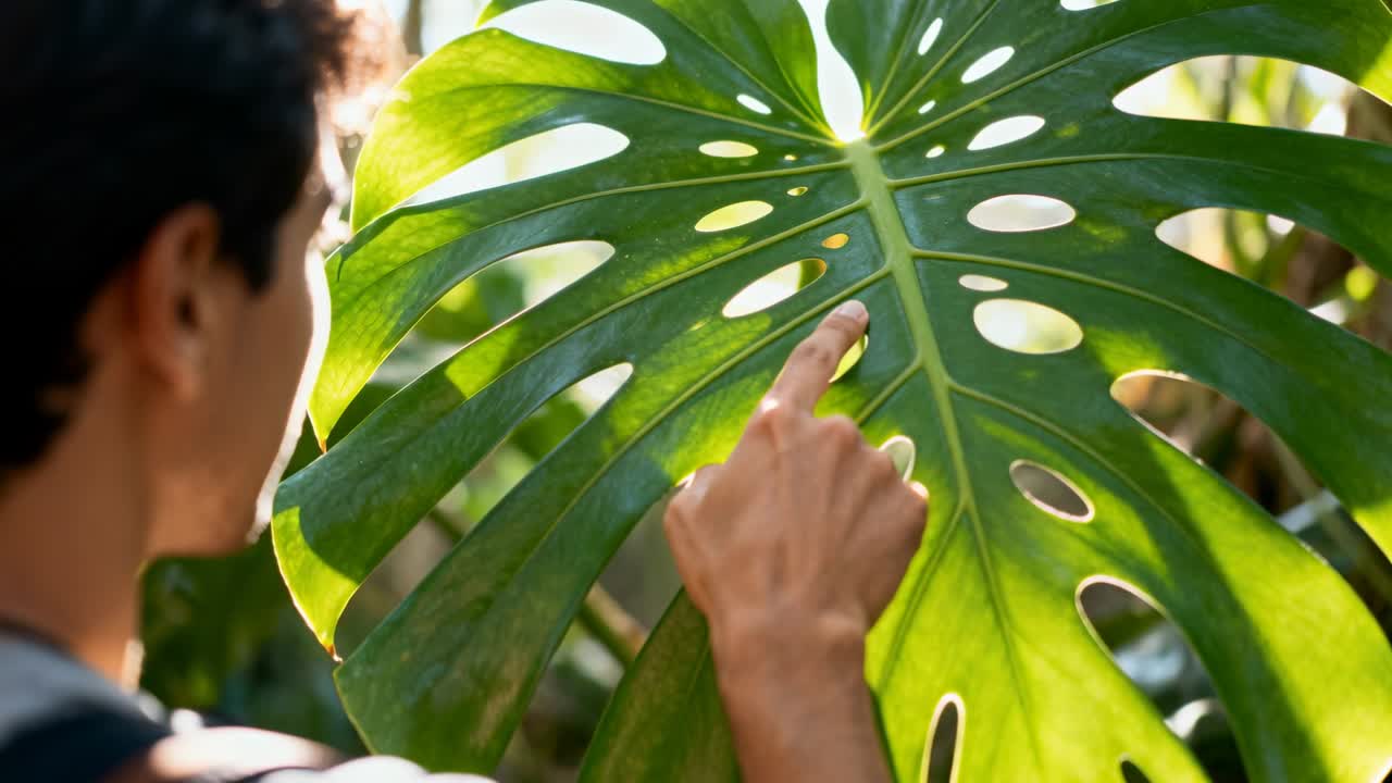 Un dito si allunga, un uomo con zaino in maglietta grigia traccia la nervatura centrale di una foglia di Monstera in un giardino illuminato dal sole, ispezionando.