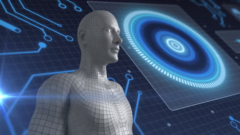 animación del cuerpo humano y procesamiento de datos científicos sobre fondo azul.