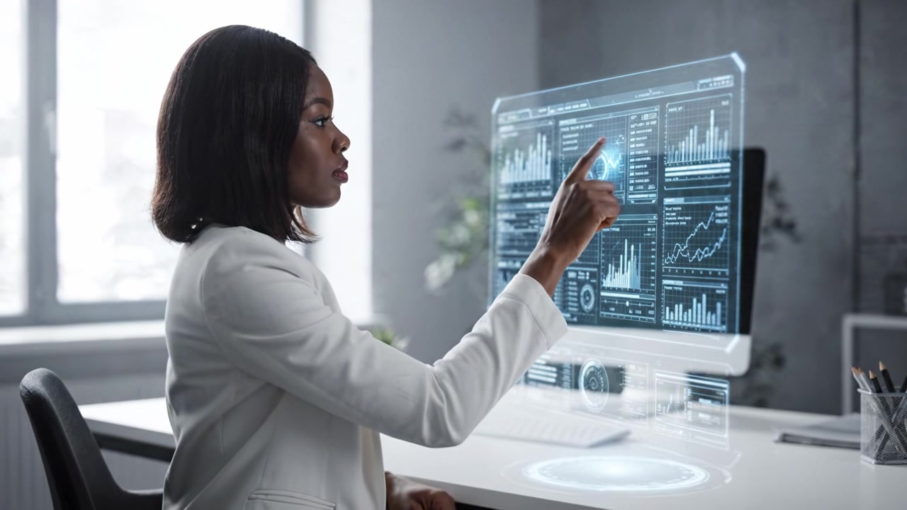 A professional woman engaged in data analysis, focused on a high-tech holographic display showcasing various financial graphs and performance metrics in a modern office.