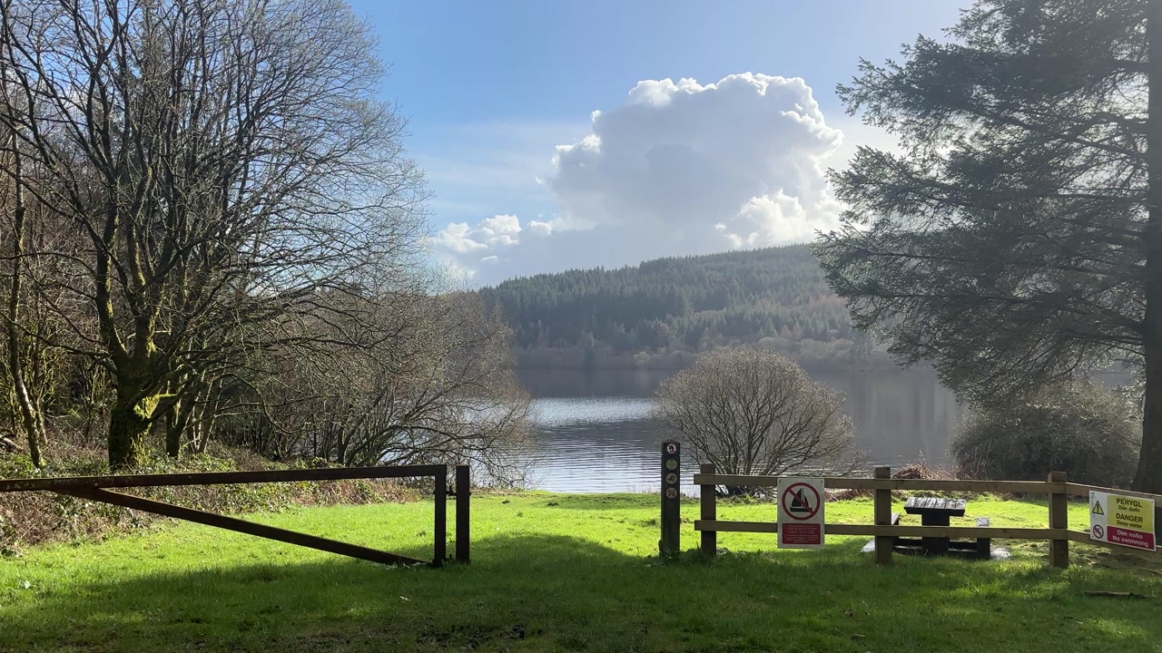 Captivating wide-angle shot of a tranquil lakeside with fenced viewpoint and warning signs, overlooking forested hills near Cardiff, Wales. Natural beauty under a vivid blue sky.