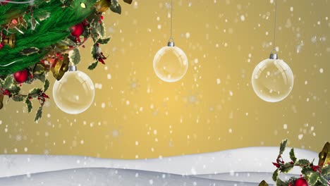 Animation-of-snow-falling-over-christmas-baubles-decoration-on-winter-landscape