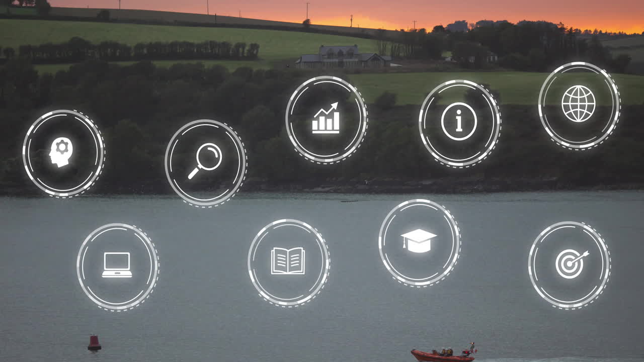 Animation of digital icons overlaying serene lake and countryside at sunset